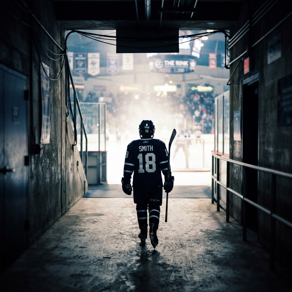 Young hockey player walking toward the ice
